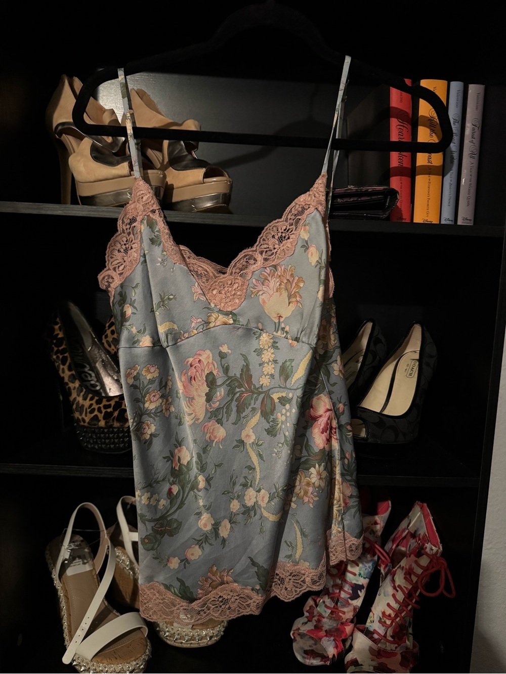 Satin Floral Lace-Trim Tank Top in Dusty Blue and Blush